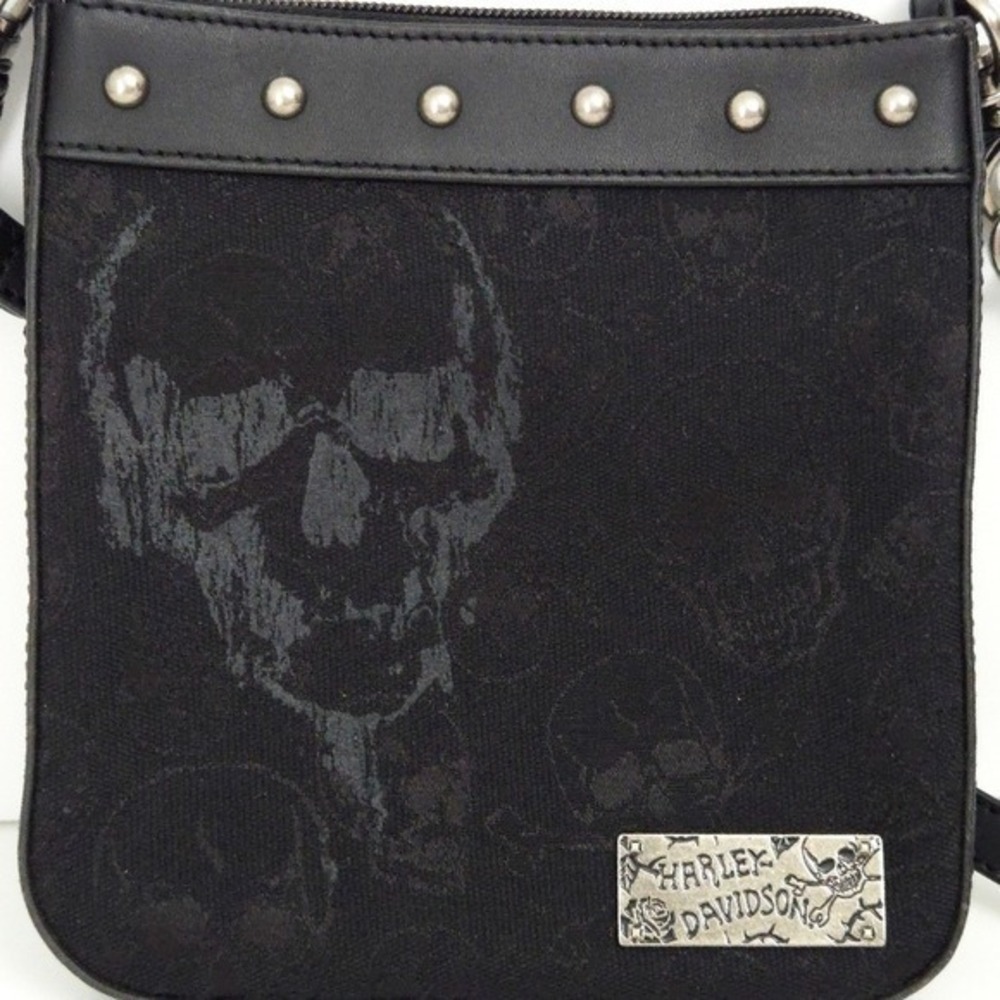 Harley Davidson Skull Black Jacquard & Leather Clip Bag Crossbody Handbag - Picture 2 of 7
